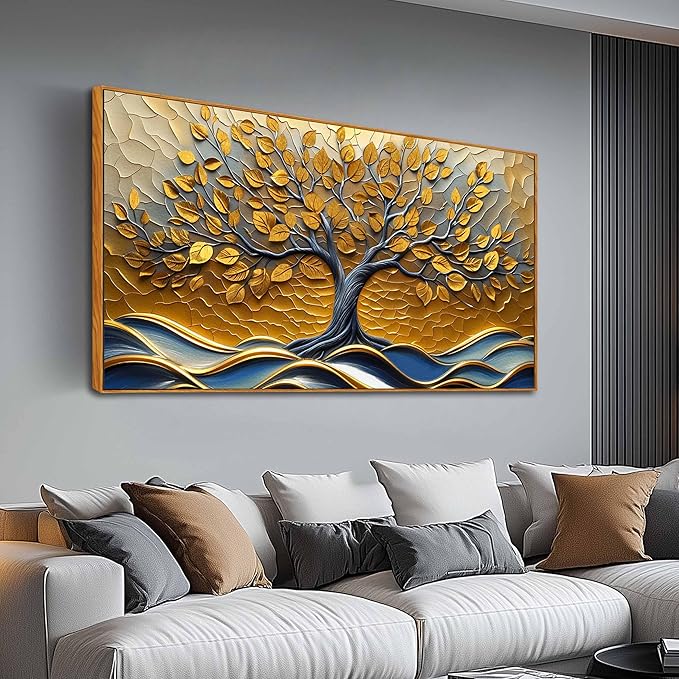 Tree Wall Art for Living Room, Gold Canvas Wall Decor for Bedroom, Picture Print Artwork, Large Size 59 x 29 Inches Framed