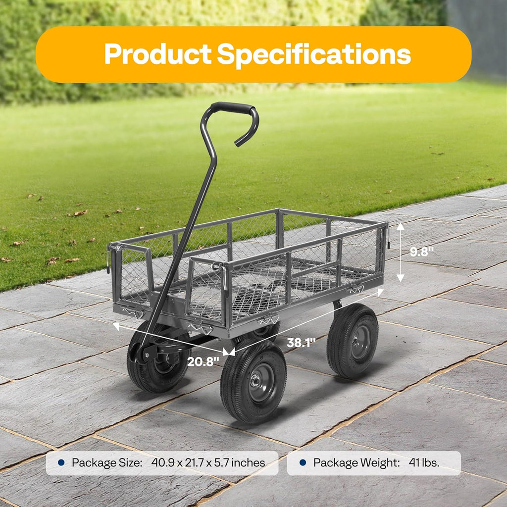 VIVOHOME Heavy Duty 880 Lbs Capacity Mesh Steel Garden Cart Folding Utility Wagon with Removable Sides and 4.10/3.50-4" Wheels 10 inch Tire (Grey)