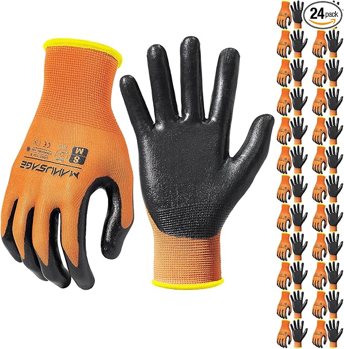 MANUSAGE Safety Work Gloves - Protective Glove for Men & Women - Ultrathin Hand Protection - For Construction, Gardening, Landscaping - Orange - Size XXL - 24 Pairs