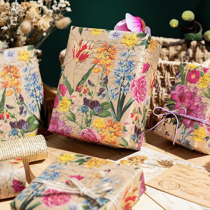 WRAPAHOLIC Kraft Floral Wrapping Paper - Mini Roll - 3 Rolls - 17 Inch x 120 Inch - All Occasion Vintage Flower and Sunflorwer Design for Wedding Bridal Shower Birthday