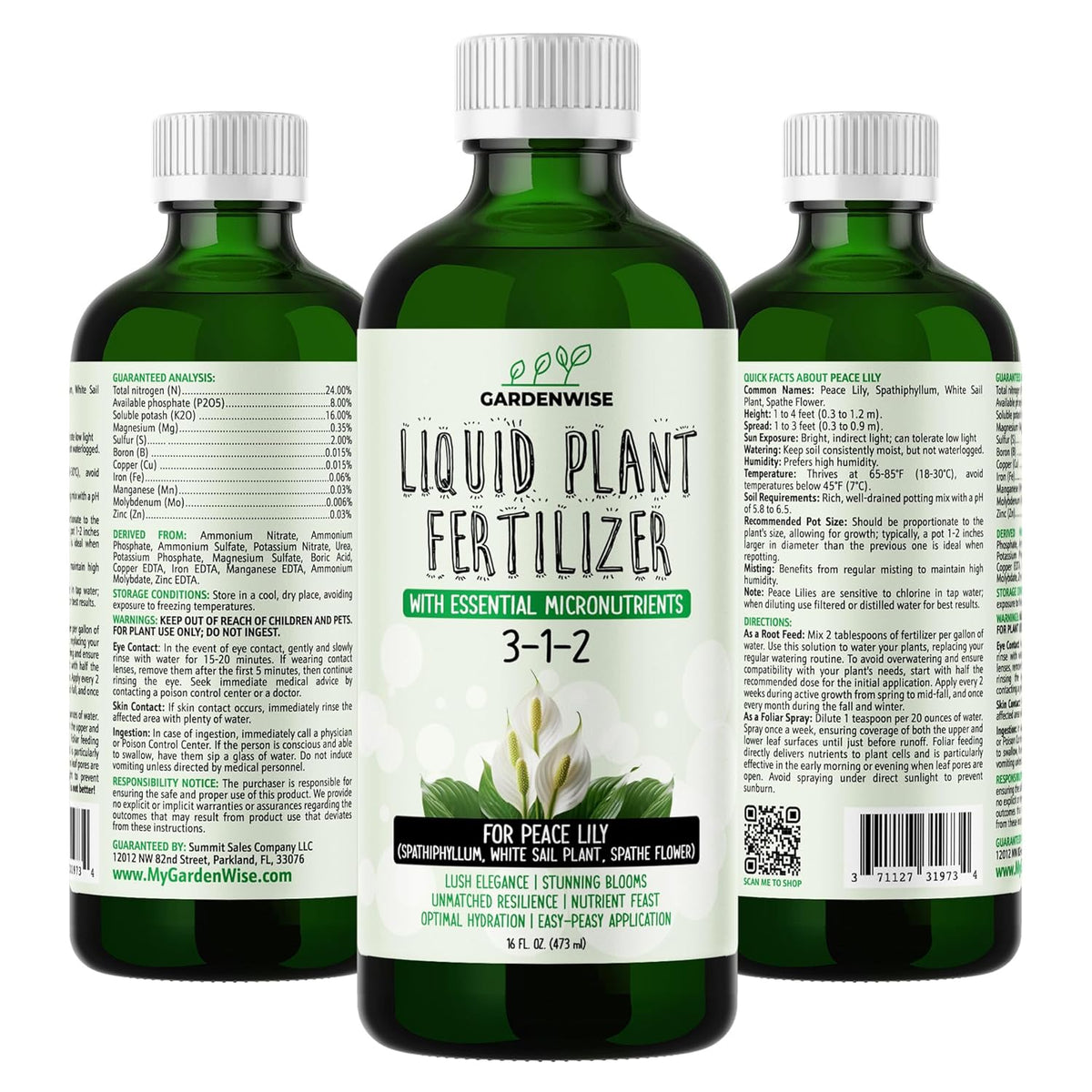 Peace Lily Fertilizer: 3-1-2 Liquid Fertilizer with Essential Micronutrients - The Ultimate Food for Spathiphyllum, Perfect for Indoor Plants (32 OZ)
