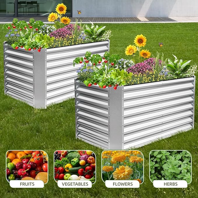 4x2x2ft (2 Pack) Raised Garden Bed - Galvanized Deep Root Planter Boxes Outdoor with Wing Nuts and Safety Edges for Gardening Vegetables, Flowers, Herbs, Succulents - Silver