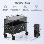 Homebetta Collapsible Wagon Cart, 450LBS Heavy Duty Collapsible Wagon with Brake, All-Terrain Wheels, Removable Fabric Cover, Adjustable Capacity 150L–300L for Garden, Moving, Glamping, Beach, Gift