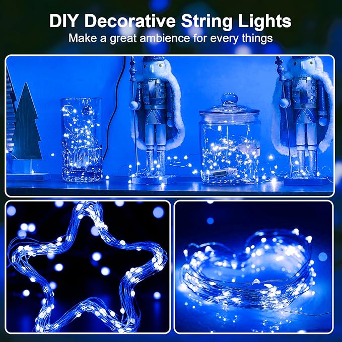 2 Pack 16Ft 50 LED Blue Fairy Lights Mini String Lights Waterproof for Mason Jars Halloween Christmas Parties Wedding Table Centerpieces Decoration