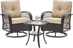 UDPATIO 3 Pieces Patio Furniture Set, Outdoor Swivel Rocker Patio Chairs Set of 2, All-Weather PE Wicker Glider Chairs with Thick Cushions and Glass Coffee Table，for Porch Deck Backyard Khaki