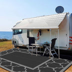GENIMO 10 ' x 14 ' Outdoor Rug Waterproof for Patio Decor, Foldable Reversible Plastic Straw Area Rugs Mat for Camper, Outside Carpet for Rv, Deck, Porch, Picnic, Beach, Balcony, Black & Grey