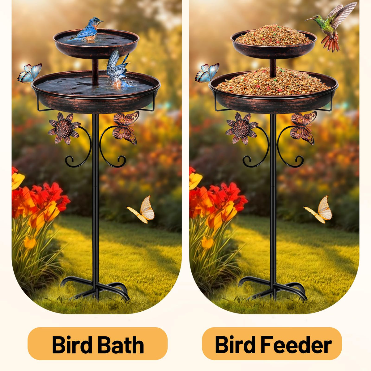 Daoeny Bird Bath for Outside, 42In Vintage Freestanding Birdbaths for Outdoors, Double Metal Bird Bath Feeder Bowls for Garden Patio Yard Lawn Decor, Upgraded 5-Pronged Base (Antique Bronze)