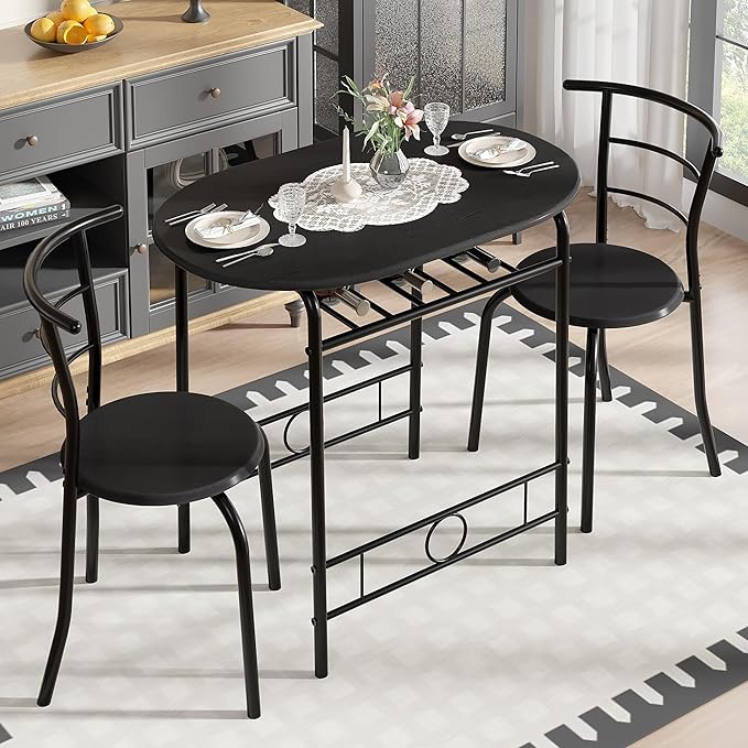 VECELO 3-Piece Dining Table Set for Kitchen Breakfast Nook, Wood Grain Oval Tabletop and Metal Frame with Built-in Wine Rack, for Small Spaces, Black