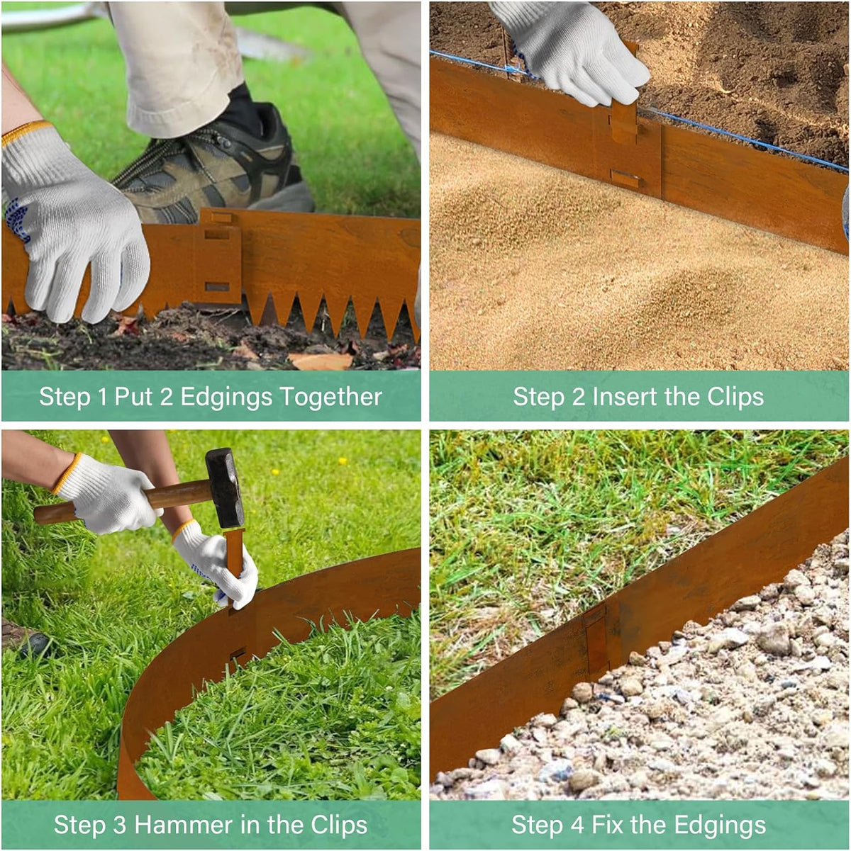 Cor Ten Steel Landscape Edging, 8Hx40L-Inch Metal Garden Edging, 6-Pack Hammer in Landscape Edging with 6 Clips and Gloves, Rustic