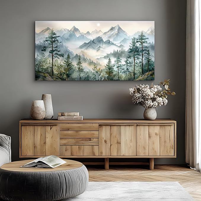 SERIMINO Large Canvas Wall Art for Living Room, Mountain Forest Landscape Canvas Prints Paintings, Nature Scenery Wall Decor, Green Modern Home Bedroom Bathroom Pictures Home Decor 30"X60"