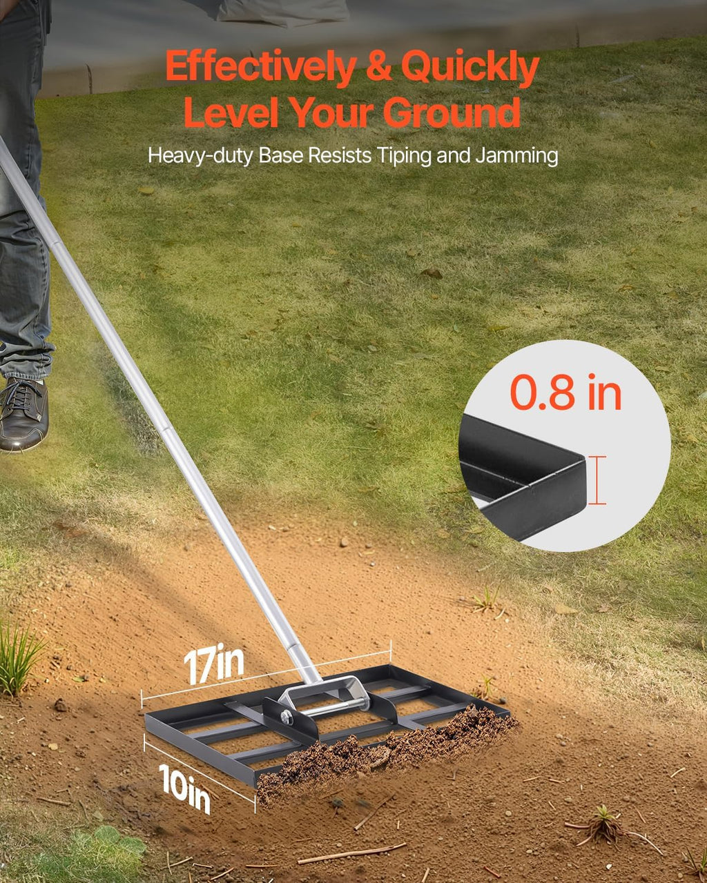 VEVOR Lawn Leveling Rake, Lawn Leveler with 78 in Handle, 17x10 in Ground Plate, Rust-Resistant Carbon Steel Soil Leveler, 5 Heights Adjustable, Effort Saving Lawn Leveling Tool for Yard Golf Court