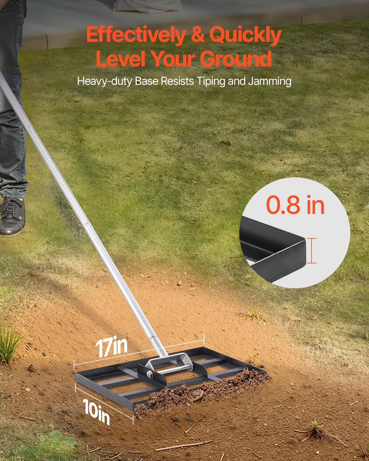 VEVOR Lawn Leveling Rake, Lawn Leveler with 78 in Handle, 17x10 in Ground Plate, Rust-Resistant Carbon Steel Soil Leveler, 5 Heights Adjustable, Effort Saving Lawn Leveling Tool for Yard Golf Court