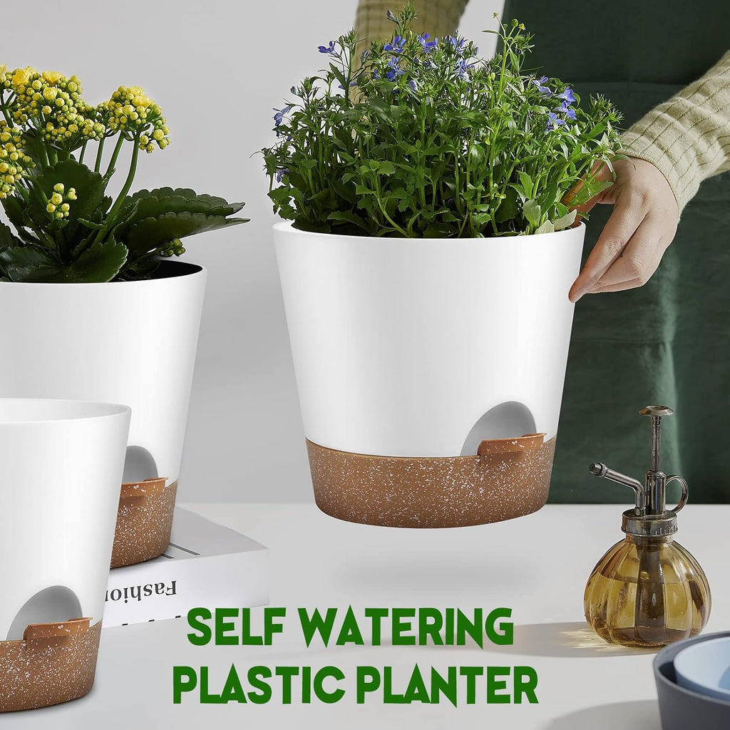 Indoor Outdoor Plant Pots- Self Watering Planters with Drainage Holes and Saucers, 9,8, 7.5 Inches, 3 Pots (Snow)
