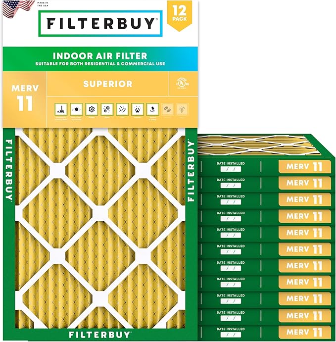 Filterbuy 10x25x1 Air Filter MERV 11 Superior Pet & Allergy Defense (12-Pack), Electrostatic Pleated HVAC AC Furnace Filters Replacement, Made in USA (Actual Size: 9.75 x 24.75 x 0.75)