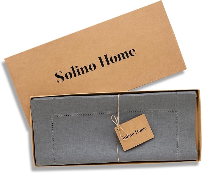 Solino Home Linen Steel Gray Hemstitch Table Runner 48 Inches - 100% Pure Linen Small Table Runner 14 x 48 Inch Ideal for Dresser and Coffee Tables - Classic Hemstitch - Fall, Autumn, Halloween
