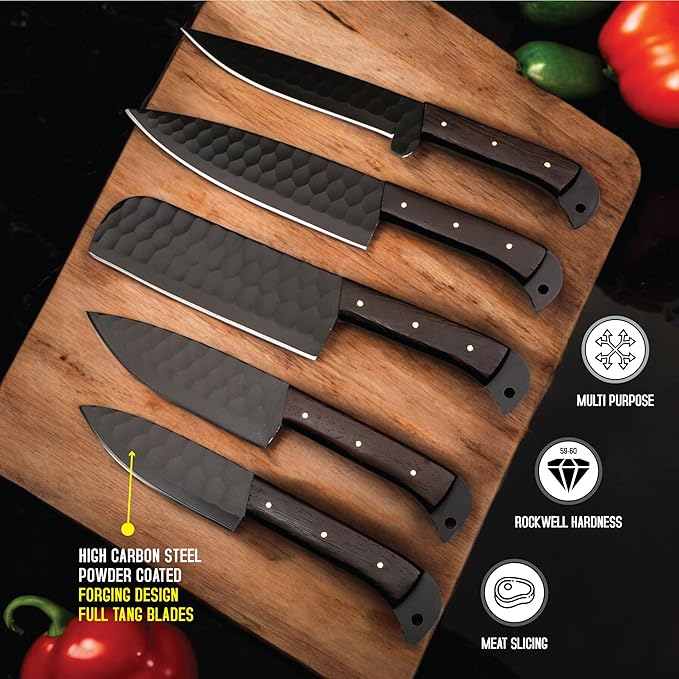 5 PCS Handmade Kitchen Chef Knife Set Hand Forged High Carbon Steel Blade Wengiwood Handle With Leather Bag Kit set included (Chef, Cleaver, Butcher, Paring, Fillet knife, Utility Knife) (Wengi Wood)