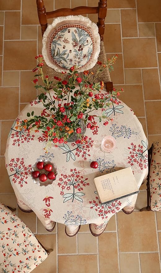patdrea Designer Vintage Linen Table Cloth for Round Table,Red Floral Durable Breathable Tablecloth,Dacorative for Kitchen Dining,Holiday,Christmas,Thanksgiving,Tea Party,Diameter 55"-Newmari