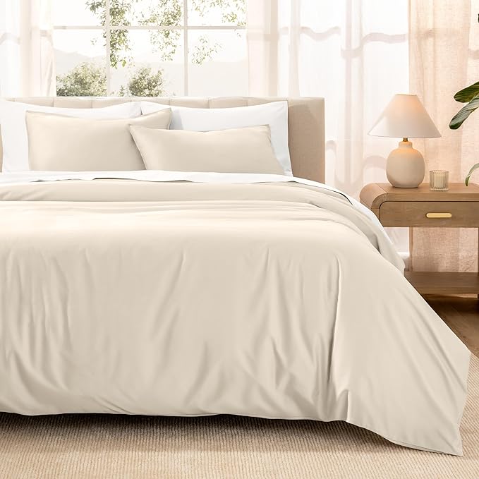 Bare Home 100% Organic Cotton Sateen Duvet Cover Set - Full/Queen Size - 400 Thread Count - Smooth Sateen Weave - Warm & Luxurious - Duvet Cover (Full/Queen, French Beige)
