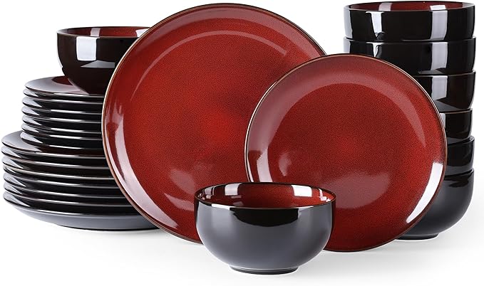 LERATIO Ceramic Dinnerware Sets for 8,Stoneware Plates and Bowls Sets,Handmade Reactive Glaze Dishes Set,Chip Resistant and Scratch Resistant | Oven&Dishwasher & Microwave Safe-Red (24PCS)