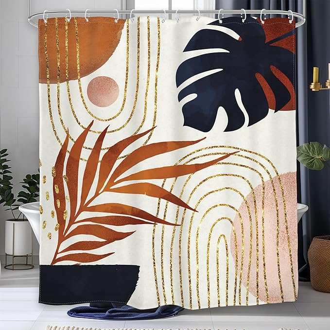Glawry Boho Navy Brown Shower Curtain Modern Mid Century Abstract Tropical Palm Leaf Bathroom Minimalist Geometric Arch 60Wx72L Inches Bath Accessories Art Home Decor Fabric 12 Pack Hooks
