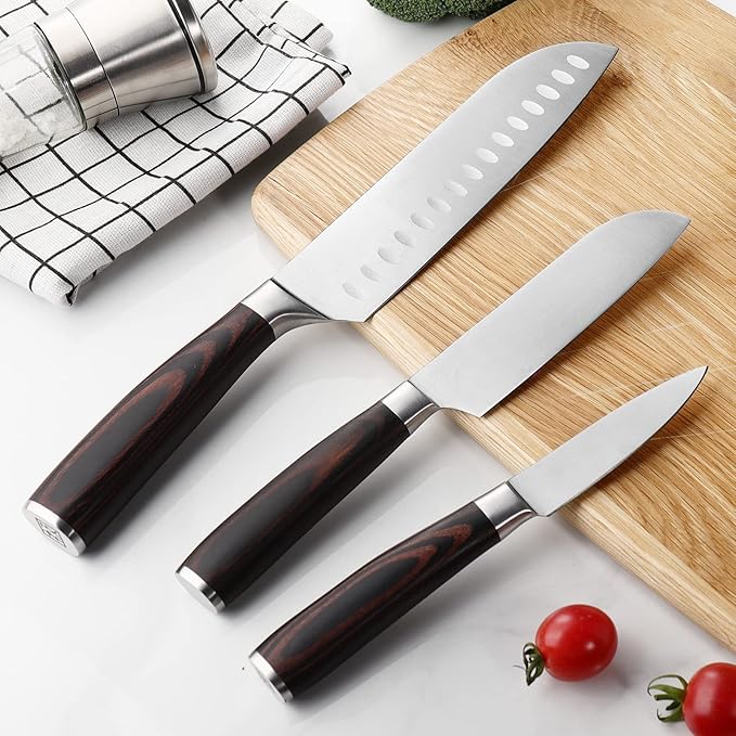 KEEMAKE Santoku Knife Set of 3pcs, Japanese Chef Knife Sets with German High Carbon Stainless Steel 1.4116 Kitchen Knives, Pakkawood Handle Cutting Knives