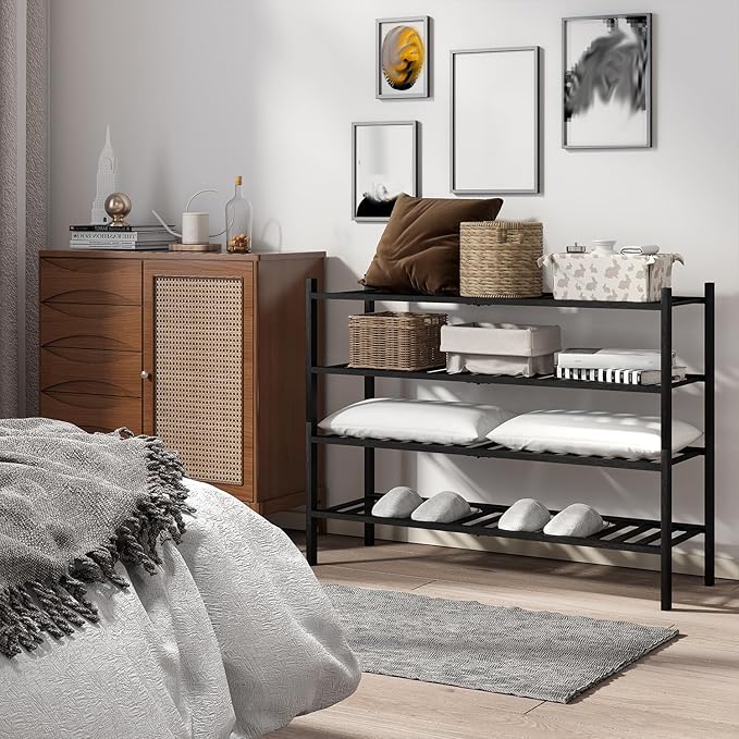 Long Shoe Rack, 4-Tier Bamboo Stackable Shoe Shelf Storage Organizer, Shoe Stand for Closet, Entryway and Hallway(Black)