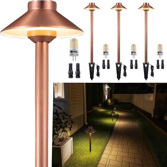 Outdoor Brass Pathway Lights, Low Voltage Landscape Path Light Wired, 12v Walkway Lamp LED Waterproof, Hat-top Copper for Outside Garden Yard Driveway with 3W 270LM 3000K G4 Bulb (4 Pack)