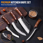 Butcher Knife Set, KITNATS 4PCS Hand Forged kitchen knives Set-Meat Cleaver Knife & Serbian Chef Knives & Vegetable Knives & Boning Knifes, Viking Knives for Kitchen, Outdoor Cooking, BBQ Gift for Men