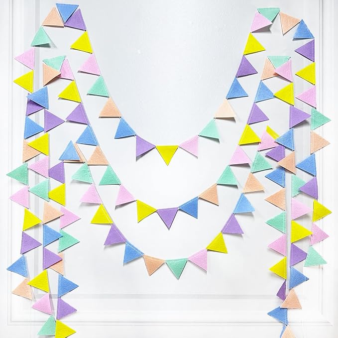 pinkblume Pastel Party Decoration Macaron Felt Hanging Triangle Mini Bunting Pennant Banner Flag for Pastel Colorful Birthday Wedding Baby Shower Engagement Spring Easter Party Classroom Nursery Decor