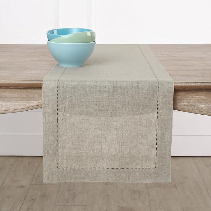 Solino Home Linen Natural Table Runner 144 Inches Long - 100% Pure Linen Extra Long Table Runner 14 x 144 Inch for Fall, Autumn, Thanksgiving, Christmas - Classic Hemstitch