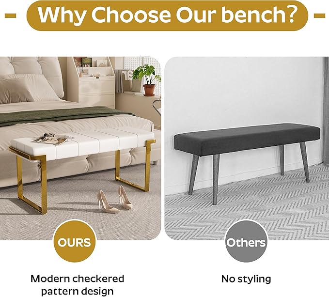 Upholstered Dining Bench, 44.29 Inch Leather Upholstered Bedroom Benches, Entryway Bench for Living Room Kitchen Dining Room(White&Gold)