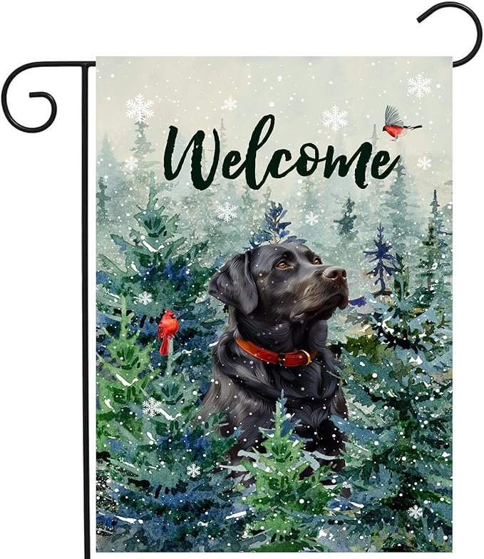 Welcome Winter Garden Flags Black Lab Garden Flag Cardinal Birds on Snowy Pine Tree Flag Labrador Dog Yard Flags for Outside 12x18 Double Sided Christmas Decorative Lawn Flags