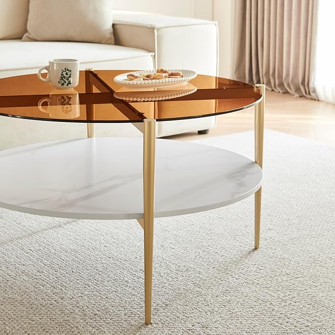 Shrine Modern Coffee Table with Glass Top, Round Table for Living Room, Two-Tier 30-Inch White Wooden Storage Coffee Table, Gold Table Legs Structure & Brown Glass Top