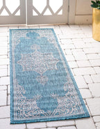 Unique Loom Outdoor Traditional Collection Area Rug - Antique (2' x 6' 1" Runner, Teal/ Gray)