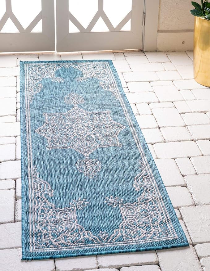 Unique Loom Outdoor Traditional Collection Area Rug - Antique (2' x 6' 1" Runner, Teal/ Gray)