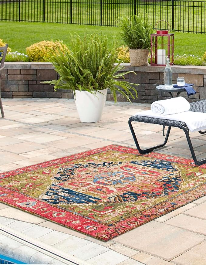 Unique Loom Outdoor Traditional Collection Area Rug - Limon (5' 3" Square Multi/Red)