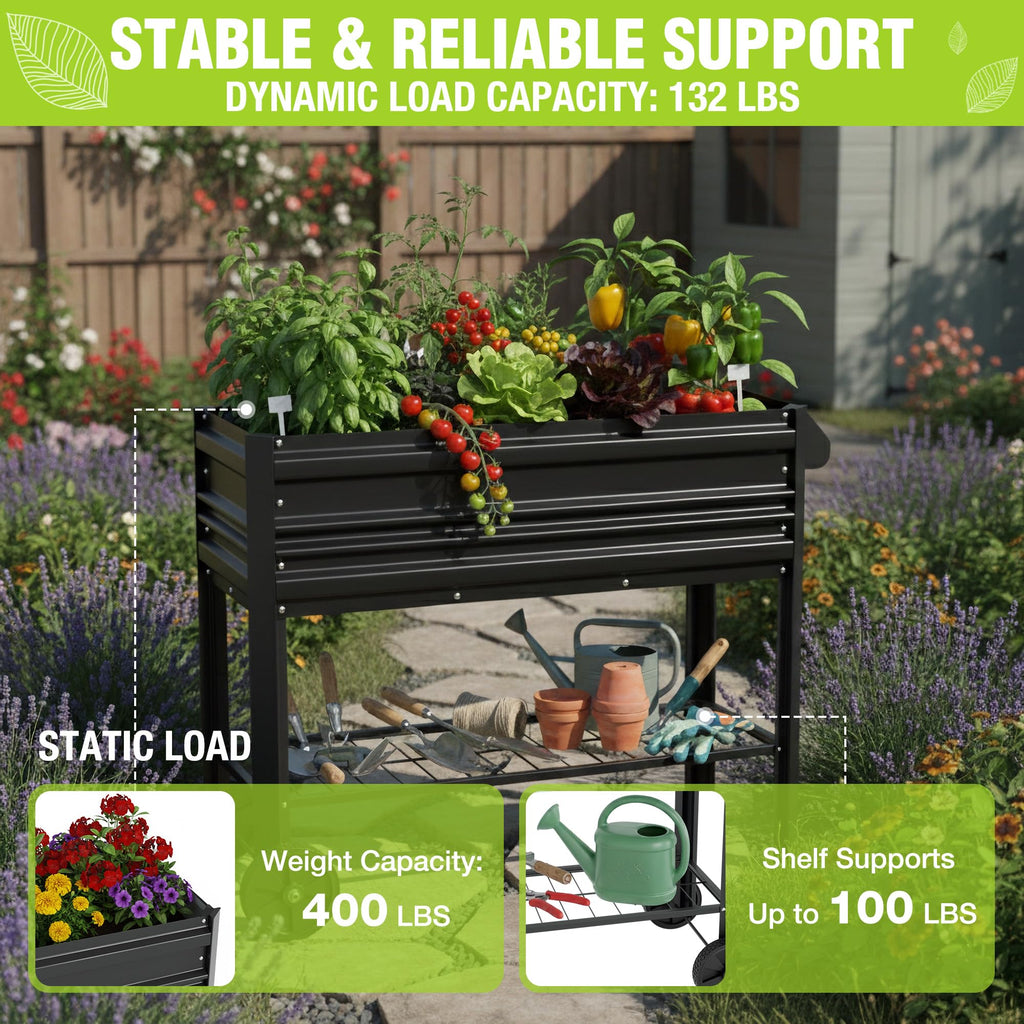 WORKPRO Galvanized Raised Garden Bed with Legs & Wheels, 37x14.6x31.6in, 400LB Capacity Elevated Planter Box for Garden, Backyard, Patio & Deck, Black