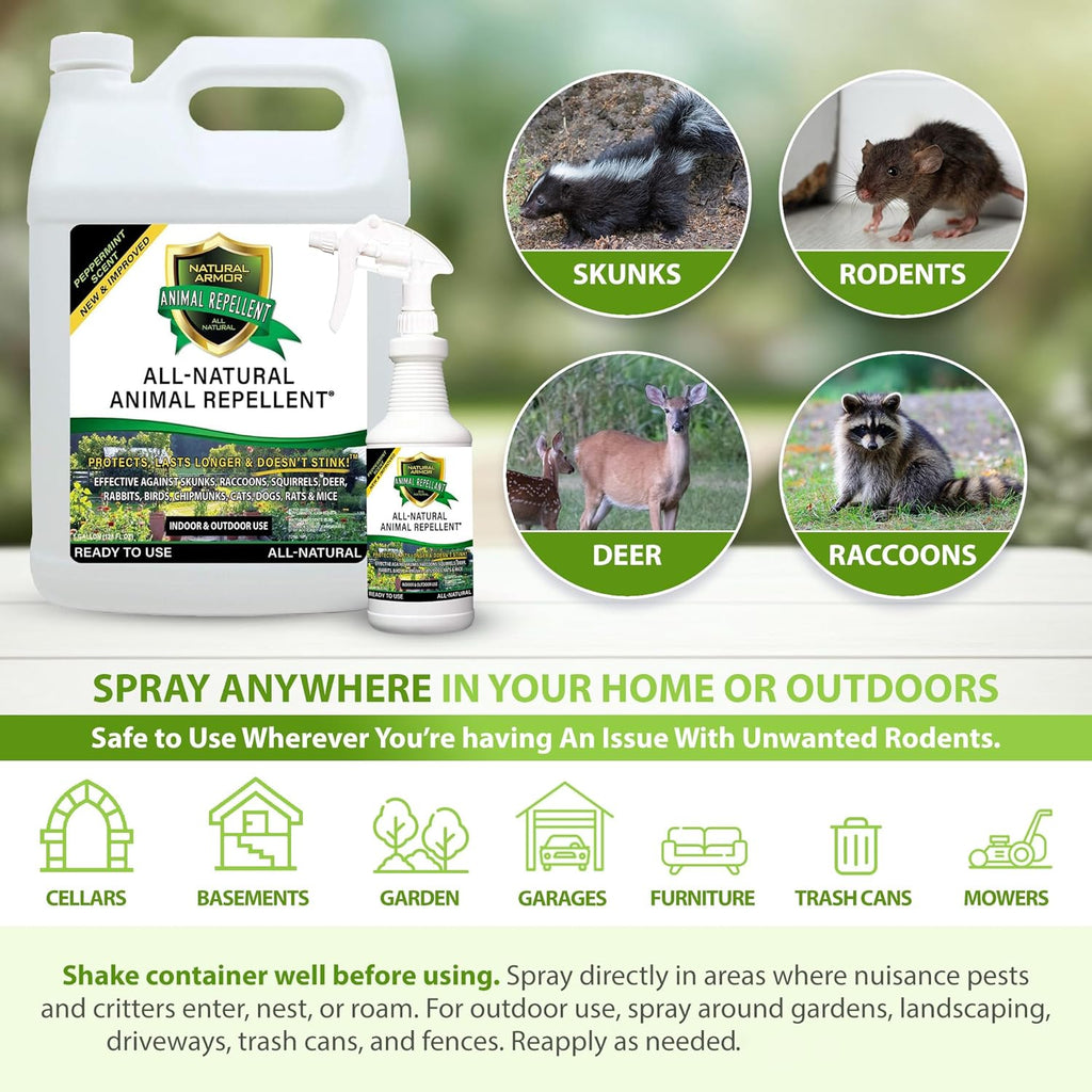 Natural Armor Animal & Rodent Repellent Spray. Repels Skunks, Raccoons, Rats, Mice, Deer Rodents & Critters. Repeller & Deterrent in Powerful Peppermint Formula – 128 Fl Oz Gallon Ready to Use