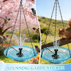 Hanging Bird Bath Fountain, Cascading Outdoor Birdbath with Glass Bowl, USB-Powered Water Feature for Garden, Patio, Yard Decor, Attracts Hummingbirds & Wild Birds
