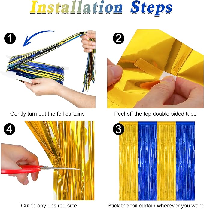 2 Pack Graduation Backdrop, 3.28 FT x 7.05 FT Class of 2025 Decorations, Blue Gold Fringe Curtains Tinsel Backdrop Party Streamer, Metallic Blue and Gold Graduation Decorations 2025