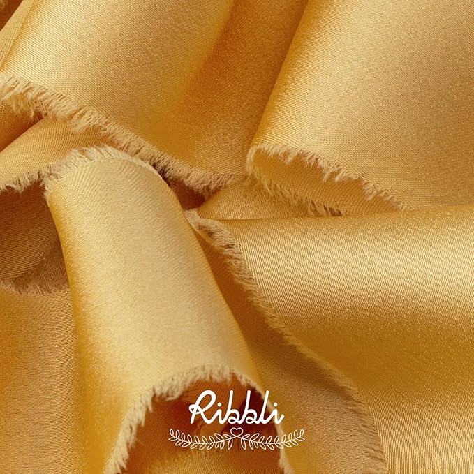 Ribbli Gold Silk Satin Ribbon 1.5 Inch x 12 Yard Handmade Frayed Chiffon Ribbon with Wooden Spool for Gift Wrapping, Wedding Invitations, Bridal Bouquets, Home Decor