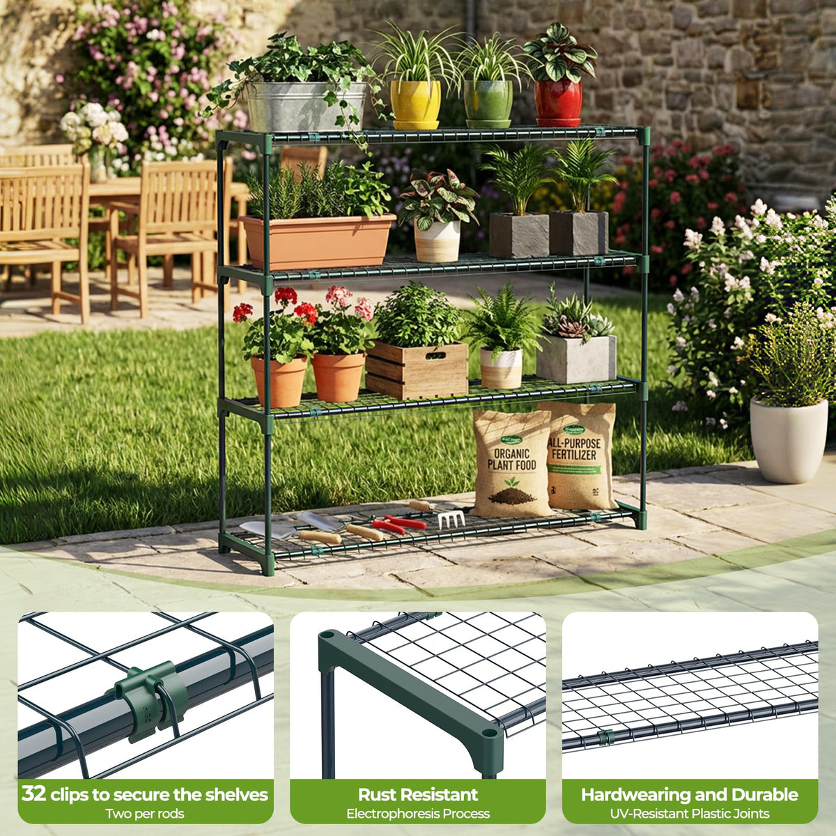 Ohuhu Plant Greenhouse Shelves 4 Tier 2 Pack Extra-Wide Stable Green House Shelving for Outdoor, 35x12x42 Inch Portable Rustproof Metal Shelf Plant Stand Rack Greenhouse Accessories