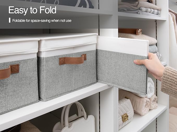 StorageWorks Large Storage Bins with Lids, Decorative Storage Boxes with Lid and PU Handles, Foldable Storage Baskets for Closet, Shelves, Stackable, Grey and White, 3-Pack