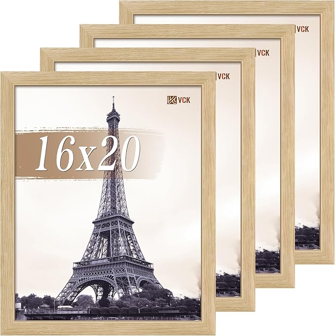 VCK 16x20 Picture Frame Set of 4 - Oak, Gallery-Quality Wood Poster Frames, 1.1-Inch Wide Border, Polished Plexiglass, Vertical or Horizontal Wall Display for Photo/Art/Prints, Natural Oak