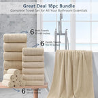 18 Piece Bath Towels Set,Ultra Soft Family Bathroom Towel Set with Hanging Loops-6 Bath Towels,6 Hand Towels,6 Washcloths,Highly Absorbent Quick Dry Shower Towel for Bathroom,Hotel,Spa-Beige Towel Set