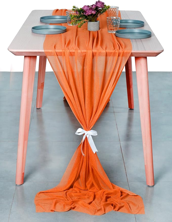MDS 2 Pack 14ft Chiffon Table Runner 29 x 170 Inches Sheer Wedding Runner Romantic Rustic Table Runner for Wedding Decorations, Birthday Parties, Bridal Shower Party Arch Decor - Orange