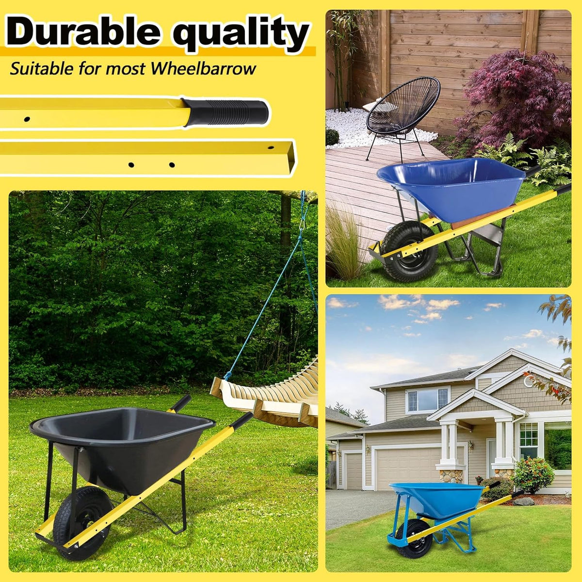 Gisafai 2 Pair Wheelbarrow Replacement Handles Kit 60 Inches Metal Wheelbarrow Handles Heavy Duty Yellow, Easy Install