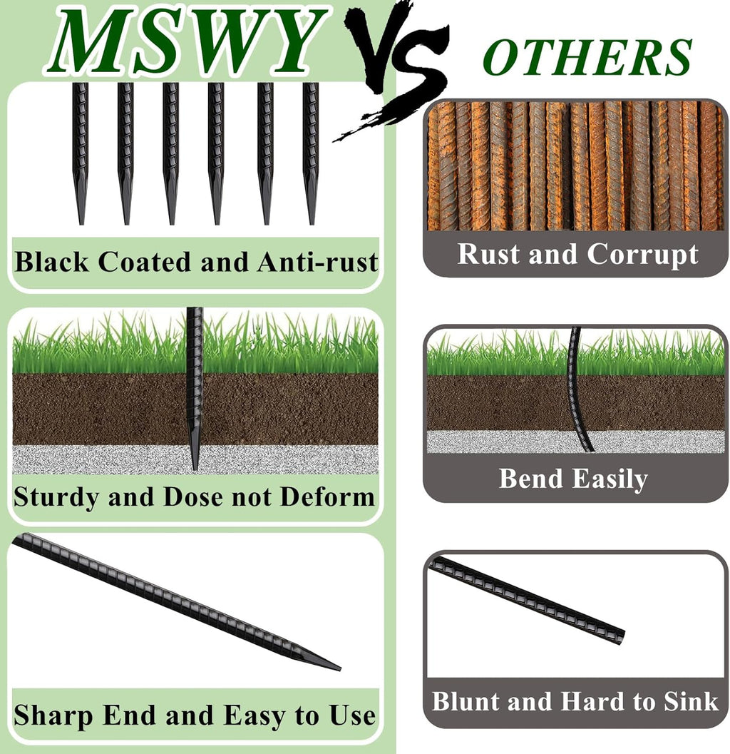 16 Inch Rebar Stakes 30 Pack Heavy Duty Ground Anchors with Chisel Point End Long Straight Steel Tent Stakes 3/8" Thickness Metal Spikes Black Coated for Concrete Timber Camping Garden Plant