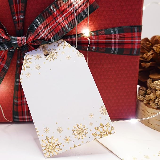 100Pcs Golden Snowflakes Gift Tags with String Attached Gift Tags for Presents Personalized White Paper Gift Labels for Birthday Party Wedding Christmas Favor Gift Wrap