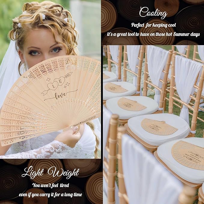 100 PCS Custom Fans Personalized Folding Fans for Line Dancing Wooden Hand Fan Wedding Favors Bulk Fans for Guests Party Event Use (Style05)